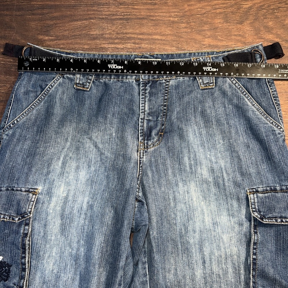 Vintage Y2K Faded Glory Womens Baggy Cargo Capri Blue Jean Embroidered Size 16W - Picture 9 of 10